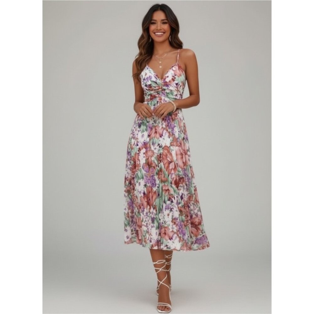 Floral Print Pleated Cami Dress - Picture 5 of 11